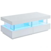 Vente-unique - Table basse 2 tiroirs et 2 niches avec LEDs - mdf et verre trempé - Blanc laqué - fabio ii