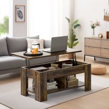 Table basse avec plateau relevable et rangement intégré, meuble pratique pour le salon et le bureau avec compartiments de rangement cachés, Marron,