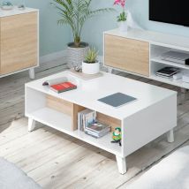 Mobimarket - Table Basse Relevable Pour Le Salon En Blanc Mat Et Chêne Artisanal, 100 X 38 X 68 Cm.