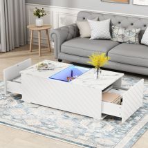 Hauss Spole - Table basse blanc 100x50x35cm, 2 tiroirs, éclairage led, placage marbre, avec éléments en verre