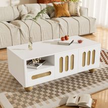 Wishdor - Table basse blanc et bois moderne avec 4 portes, 2 tiroirs et compartiment ouvert, éclairage led, pieds de table sphériques