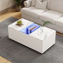 Wishdor - Table basse blanche avec éclairage led et 2 tiroirs, aspect marbre, élément en verre, 100x50x35 cm