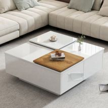 Redom - Table basse carrée moderne en bois blanc brillant avec étagère 757533,5 cm, petit plateau coulissant, capacité de charge maximale 30 kg.