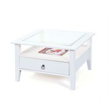 Inter Link - Table basse en pin massif vernis à l'eau blanc et plateau en verre naturel