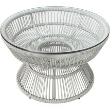 Table basse de jardin ronde résine aspect rotin plateau verre gris