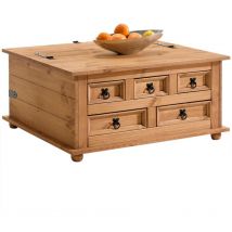 Table basse coffre en pin tequila style mexicain, avec 5 tiroirs, finition teintée/cirée