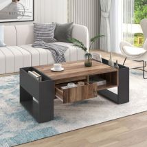 Retrok - Table basse en grain de bois, avec un tiroir sans poignée, un compartiment de rangement et un compartiment de rangement arrière, espace de