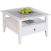 Link's - Table basse en pin massif laqué blanc et plateau en verre trempé