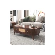 Table basse en rotin, Tiroirs avec rotin et portes coulissantes avec lattes en bois massif, Pieds en bois massif, Style campagne