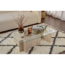 Table Basse Verre Fixe Gigogne Rectangulaire Bois en Travertin 105x65x30 cm Pour Salon ou Bureau