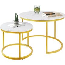 Table basse Futurefurniture table gigogne, blanche, lot de 2, table d'appoint, cadre doré, tables rondes avec motif en marbre, tables en bois, salon,