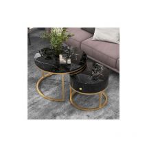 Liberté Table Basse Gigogne Moderne Motif Marbre Haute Brillance noir, Ensemble de 2 Tables Basses Rondes Imbriquée
