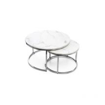 Homy France - Lot de 2 tables basses Gigogne arto Inox verre effet Marbre Blanc