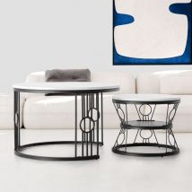 Table basse gigogne ronde, ensemble de 2 tables basses modernes avec plateau en marbre artificiel, table gigogne blanche avec cadre en métal noir,