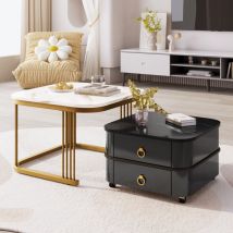 Table basse gigogne, table d'appoint, ensemble de 2, empilable, placage de marbre, table d'appoint avec tiroir, noir