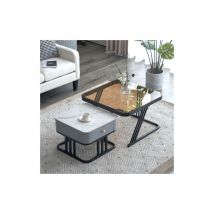 Table basse gigogne,Table basse haut de gamme en deux parties - verre bleu sarcelle et plateau en ardoise de marbre - avec tiroirs en bois massif