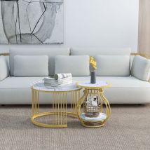 Table basse, lot de 2 tables basses rondes de salon avec structure en métal, table d'appoint blanche, tables gigognes modernes pour le salon, aspect