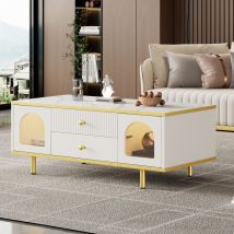 Ohjijinn - Table basse moderne à haute brillance avec lumières led, table basse nervurée de luxe avec tiroir, table de canapé, table de salon,
