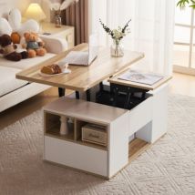 Okwish - Table basse multifonctionnelle relevable - Le dessus de table s'ouvre sur 2 tables, blanc + couleur bois d'origine, grande capacité,