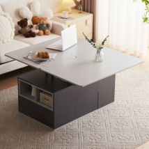 Table basse multifonctionnelle relevable - Le dessus de table s'ouvre sur 2 tables, blanc + gris, grande capacité, mobilier de salon moderne, table
