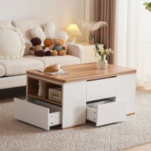 Hauss Spole - Table basse, multifonctionnelle relevable, le dessus de table s'ouvre sur 2 tables, blanc + naturel