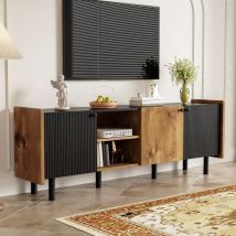 Meuble TV 160 cm, meuble TV noir et bois avec 3 portes et 2 compartiments ouverts