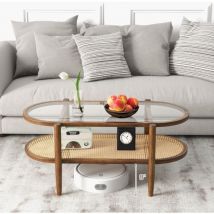 Maisonchic - Table Basse Ovale en Verre Trempé avec Cadre en Bois d'Acacia Table de Salon 2 Niveaux avec Étagère Ouverte en Rotin pe Marron Maison
