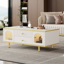 Table basse rectangulaire 100 cm, avec éclairage led, 2 tiroirs, 2 portes, pieds en métal doré, table d'appoint à effet marbre, table de salon en