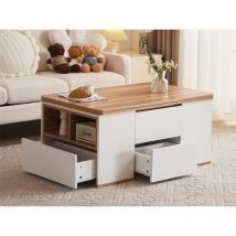 Modernluxe - Table basse multifonctionnelle relevable - 2 panneaux 3 tiroirs 2 compartiments - Blanc & Naturel clair