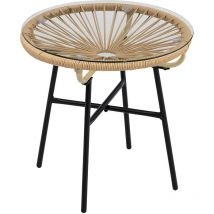 Table basse ronde de jardin en résine aspect rotin métal et plateau verre trempé ø 50 x 50H cm beige