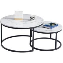 Wokaka - Table Basse Scandinave Table d'Appoint Gigogne Ensemble de 2, Surface en Bois Massif Marbré et Pieds en MétalΦ60cmΦ40cm