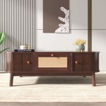 Table basse en rotin, tiroirs et portes coulissantes avec lattes en bois massif, pieds en bois massif, mdf, Couleur naturelle marron