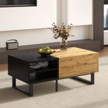 Table basse, table de salon avec structure en bloc de couleur, avec compartiments et tiroirs, pieds en métal.