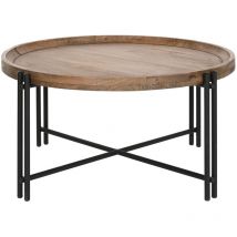 Pegane - Table basse, table de salon ronde en bois naturel et métal noir - diamètre 90 x Hauteur 45 cm