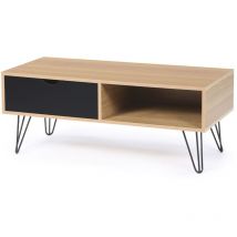 Table basse vintage rectangulaire noemi pied épingle bois tiroir noir