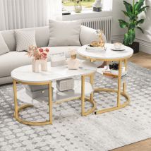 Table basse,table basse ronde,lot de 2 Tables basses gigognes,blanc ,avec couche de stockage,salle à manger et le salon,80x46x41cm,52x52x51cm