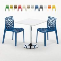 Grand Soleil - Table Carrée Blanche 70x70cm Avec 2 Chaises Colorées Set Intérieur Bar Café Gruvyer Cocktail - Bleu