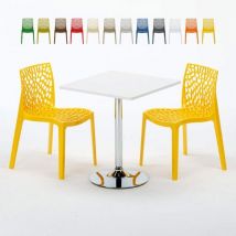 Grand Soleil - Table Carrée Blanche 70x70cm Avec 2 Chaises Colorées Set Intérieur Bar Café Gruvyer Cocktail - Jaune