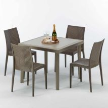 Table Carrée Beige + 4 Chaises Colorées Poly Rotin Synthétique Elegance