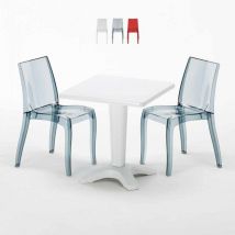 Grand Soleil - Table Carrée Blanche 70x70cm Avec 2 Chaises Colorées Set Bar Café Cristal Light Terrace - Noir Anthracite Transparent