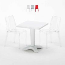 Grand Soleil - Table Carrée Blanche 70x70cm Avec 2 Chaises Colorées Set Bar Café Cristal Light Terrace - Transparent