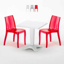 Grand Soleil - Table Carrée Blanche 70x70cm Avec 2 Chaises Colorées Set Bar Café Cristal Light Terrace - Rouge transparent