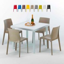 Table Carrée Blanche 90x90cm Avec 4 Chaises Colorées Grand Soleil Set Extérieur Bar Café Rome Love - Beige