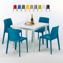 Grand Soleil - Table Carrée Blanche 90x90cm Avec 4 Chaises Colorées Set Extérieur Bar Café Rome Love - Bleu