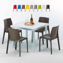 Grand Soleil - Table Carrée Blanche 90x90cm Avec 4 Chaises Colorées Set Extérieur Bar Café Rome Love - Marron