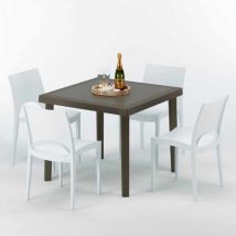 Grand Soleil - Table carrée et 4 chaises colorées Poly-rotin résine 90x90 marron