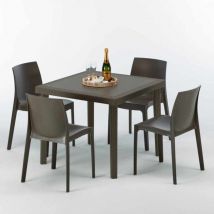 Grand Soleil - Table carrée et 4 chaises colorées Poly-rotin résine 90x90 marron