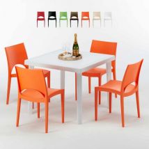 Grand Soleil - Table Carrée Blanche 90x90cm Avec 4 Chaises Colorées Set Extérieur Bar Café Paris Love - Orange