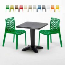 Table Carrée Noire 70x70cm Avec 2 Chaises Colorées Grand Soleil Set Bar Café Gruvyer Aia - Vert