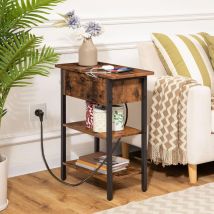 Hoobro - Table d'Appoint, Bout de Canapé Rabattable avec Multiprise et Étagères de Rangement, Table de Chevet Fine pour Petit Espace, Style